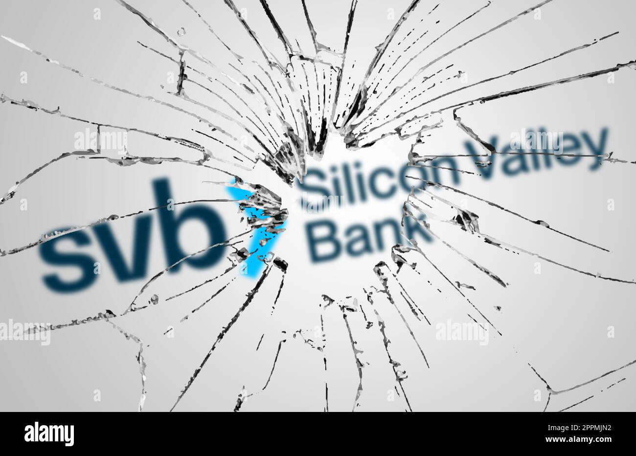 Broken glass with the Silicon Valley Bank logo blurred in the background Stock Photo