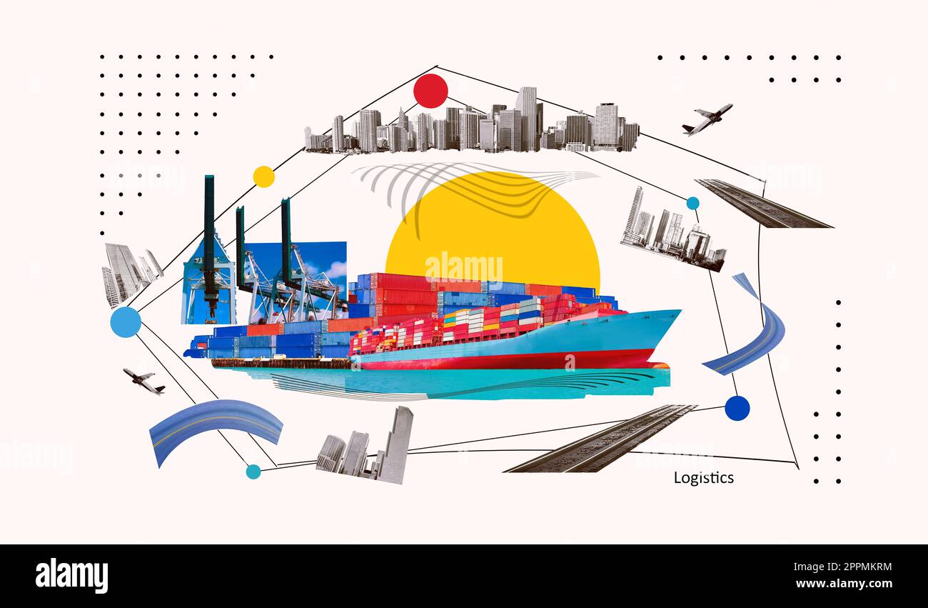 Industrial container cargo freight ship for import or export in port. Abstract design background, trucks and transport. Highway and delivering. Logistics concept Stock Photo