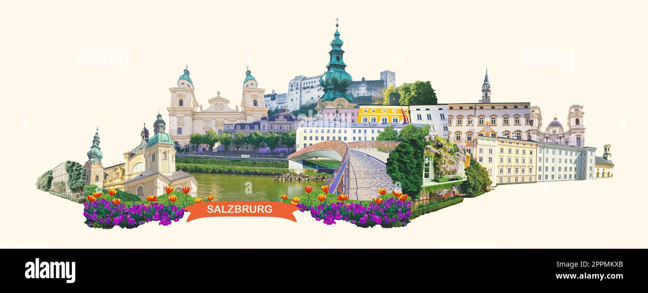 The collage of view of Salzburg skyline with river Salzach, Salzburger Land, Austria. Art collage, design Stock Photo