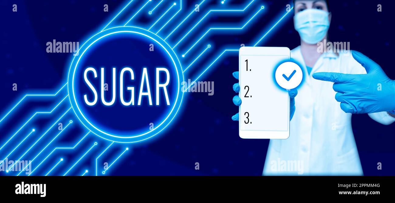 Hand writing sign Sugar. Word Written on sweet crystalline substance