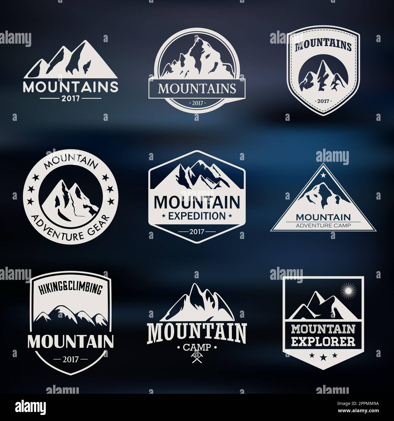 Mountain travel, outdoor adventures logo set. Hiking and climbing labels or icons for tourism organizations, events, camping leisure. Stock Photo