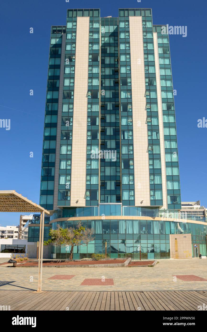 View on one of the most controversial buildings on Lanzarote: the high-rise Gran Hotel Stock Photo
