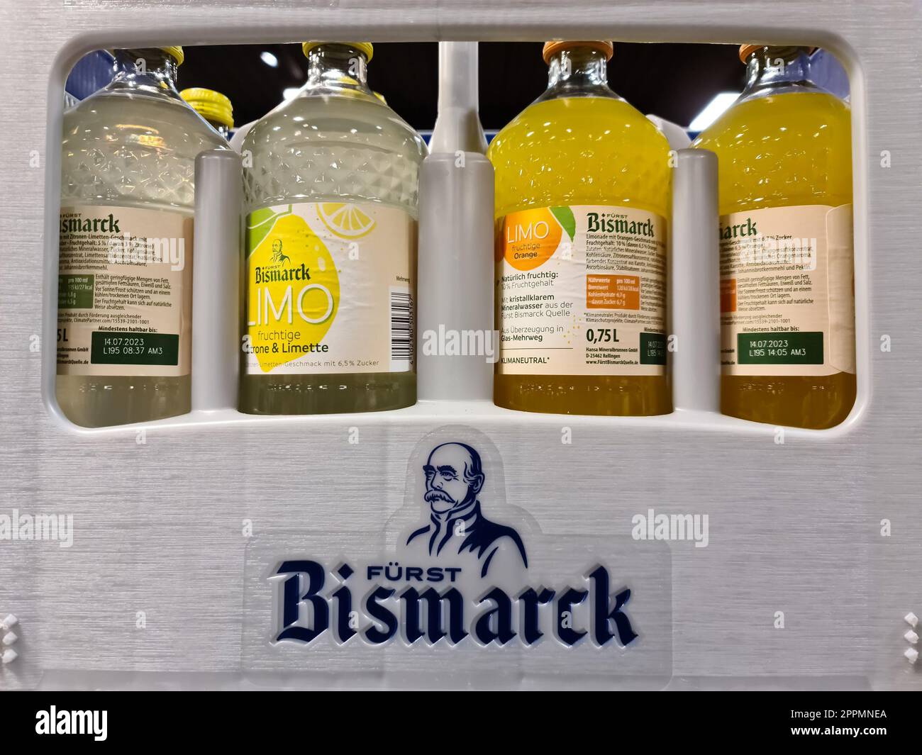 Kiel, Germany 21.March 2023 Bismarck brand yellow lemonade in grey
