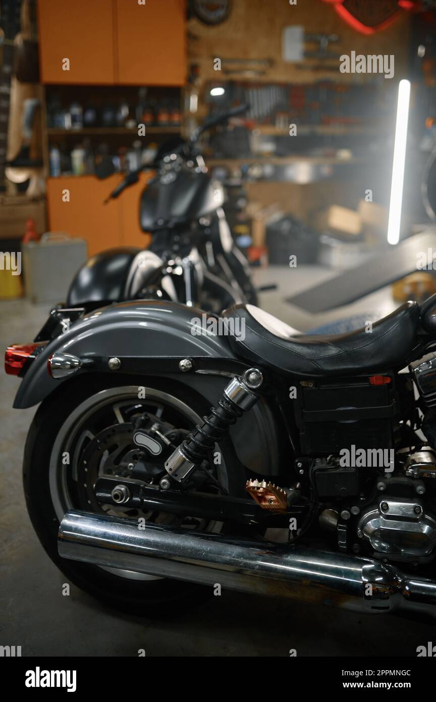 Image of new motorcycle in shop store or biker garage Stock Photo