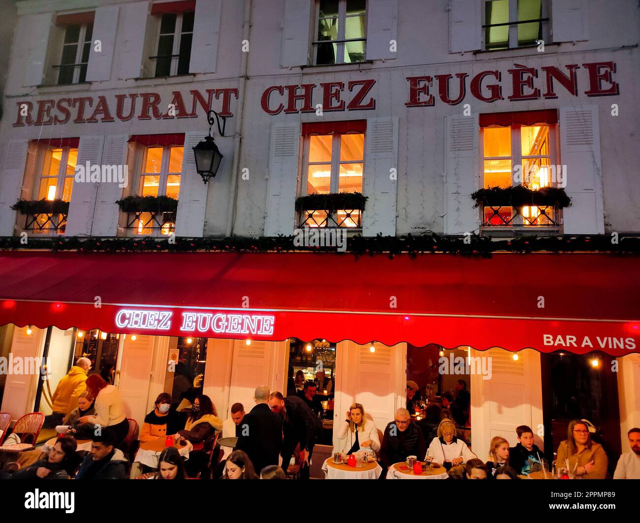 The Place du Tertre with tables of cafe and the Sacre-Coeur in the morning, quarter Montmartre in Paris, France Stock Photo