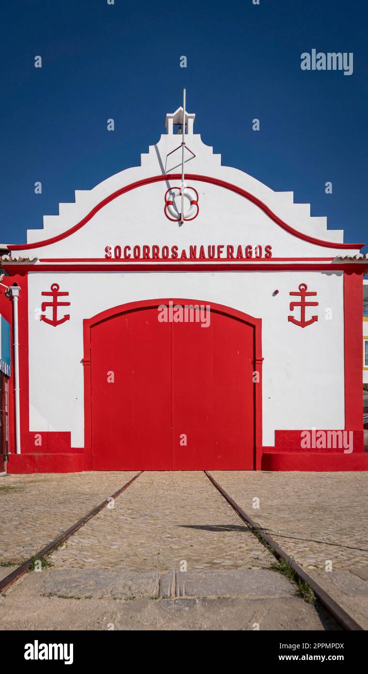 Red and White Lifeboat House Stock Photo