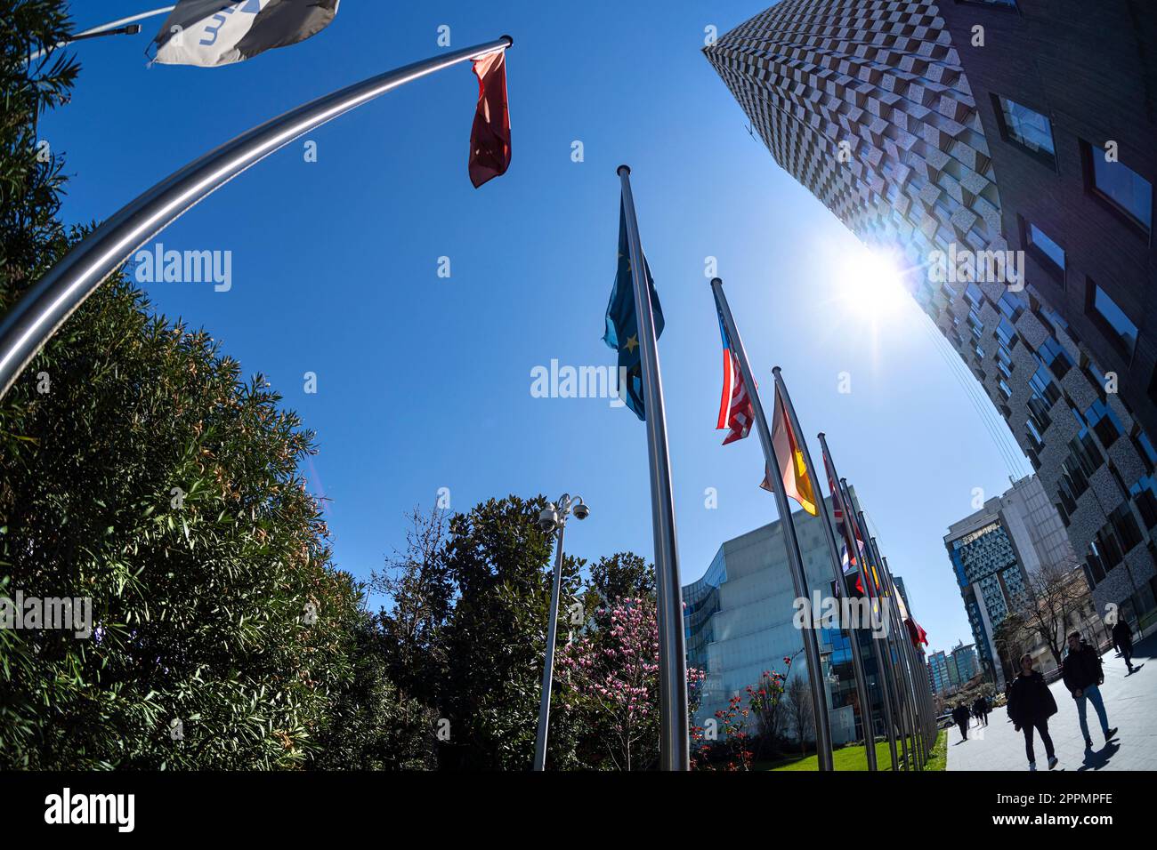 Tirana, Albania. March 2023. fisheye view between the modern