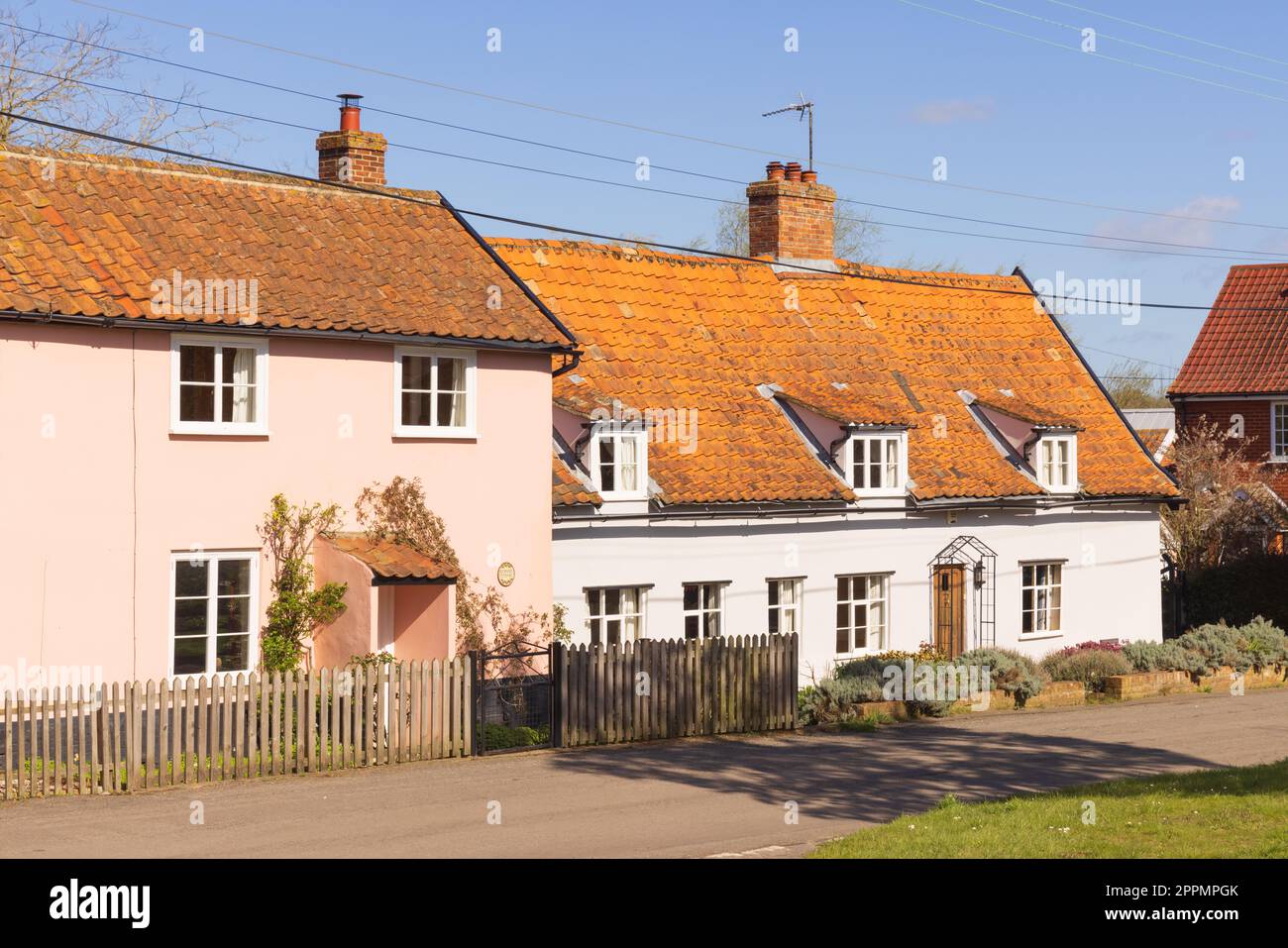Attractive old cottages in the village of Middleton, Suffolk. UK Stock