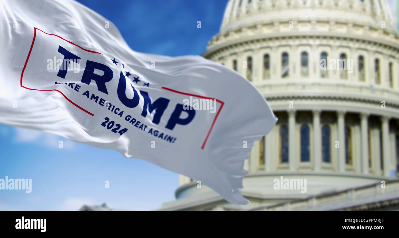 Flag with Donald Trump 2025 presidential election campaign logo waving
