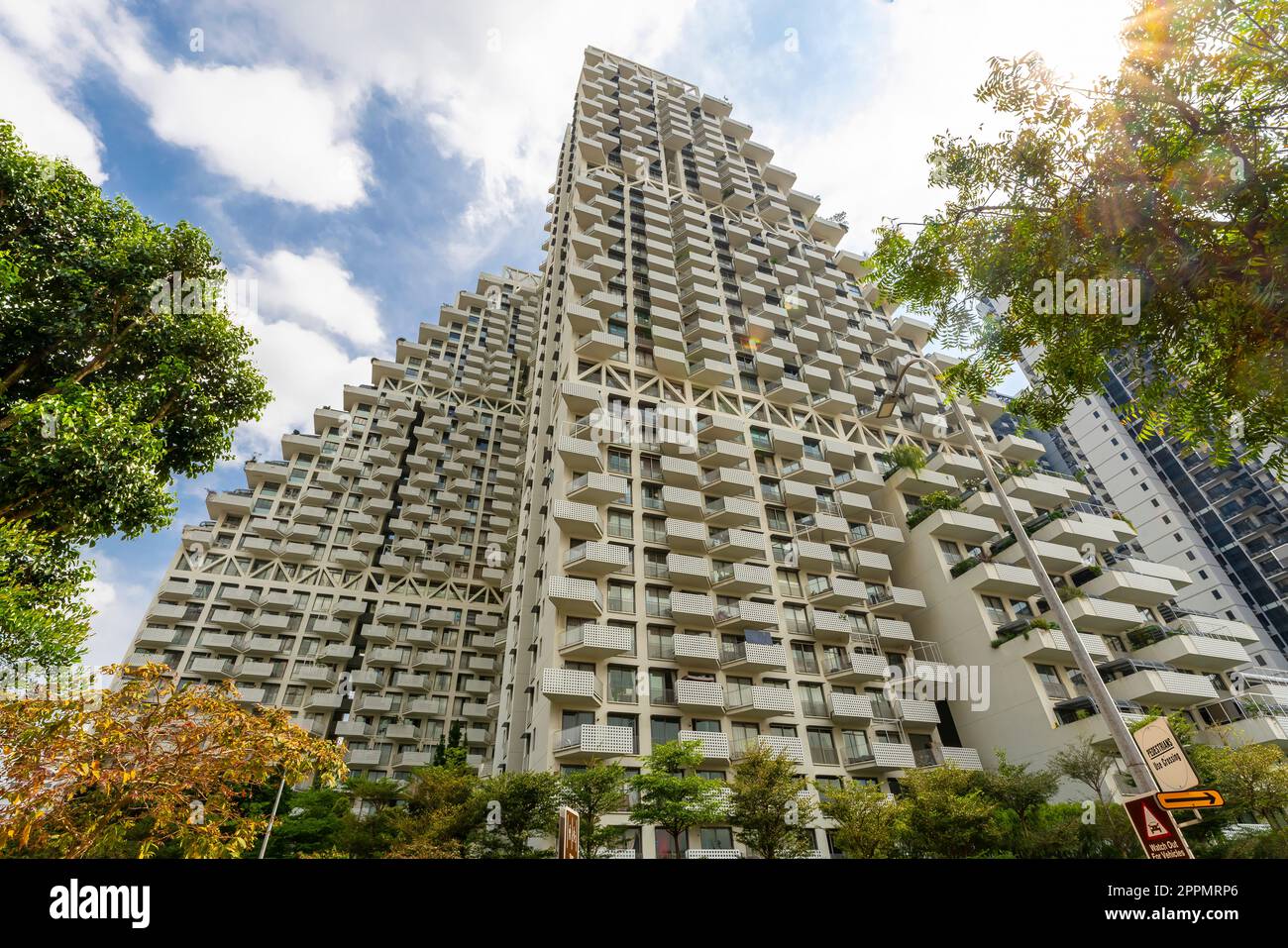 Sky Habitat residential complex, located in Bishan, Singapore.  These  architectural landmark designed by famous architect Moshe Safdie. Stock Photo