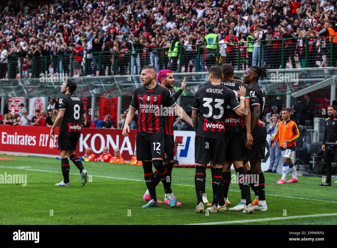 Rafael Leao of AC Milan celebrates with his teammates after scoring a ...