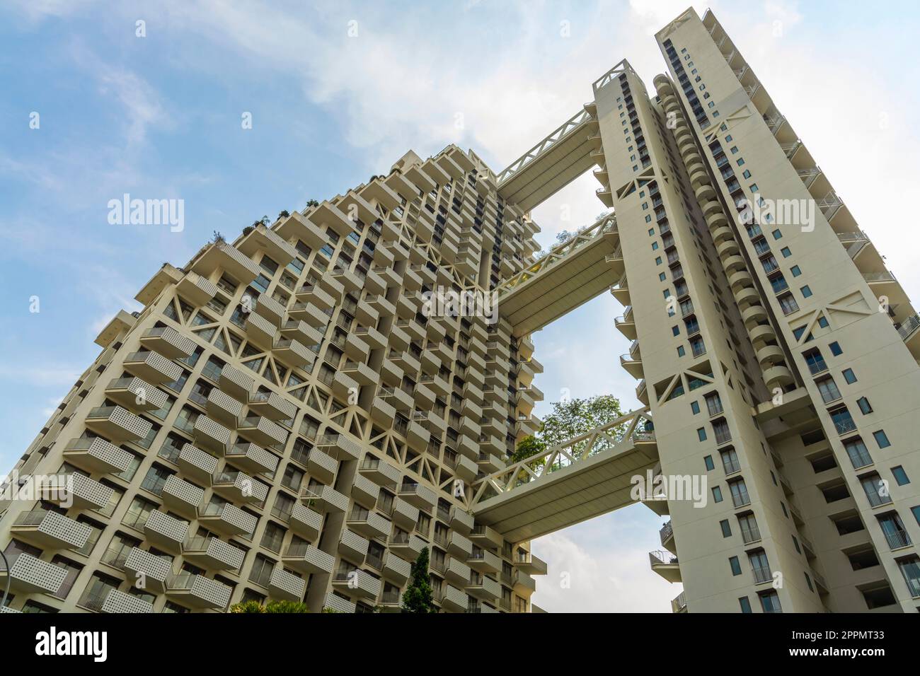 Sky Habitat residential complex, located in Bishan, Singapore.  These  architectural landmark designed by famous architect Moshe Safdie. Stock Photo