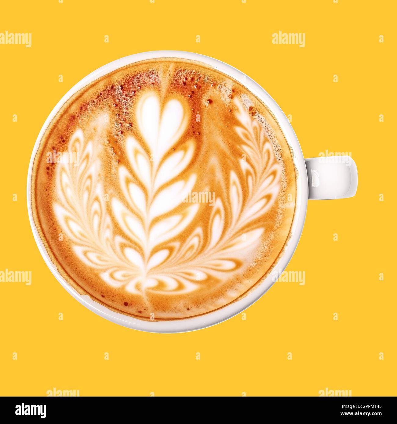 hot coffee cappuccino or latte coffee top view isolated on yellow background with clipping path Stock Photo