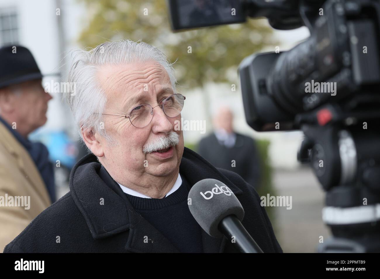 Habay, Belgium. 24th Apr, 2023. PS' Andre Flahaut talks to the press ahead of the state funeral ceremony of former minister Charles-Ferdinand Nothomb, in Habay-la-Neuve, Habay, Monday 24 April 2023. BELGA PHOTO BRUNO FAHY Credit: Belga News Agency/Alamy Live News Stock Photo