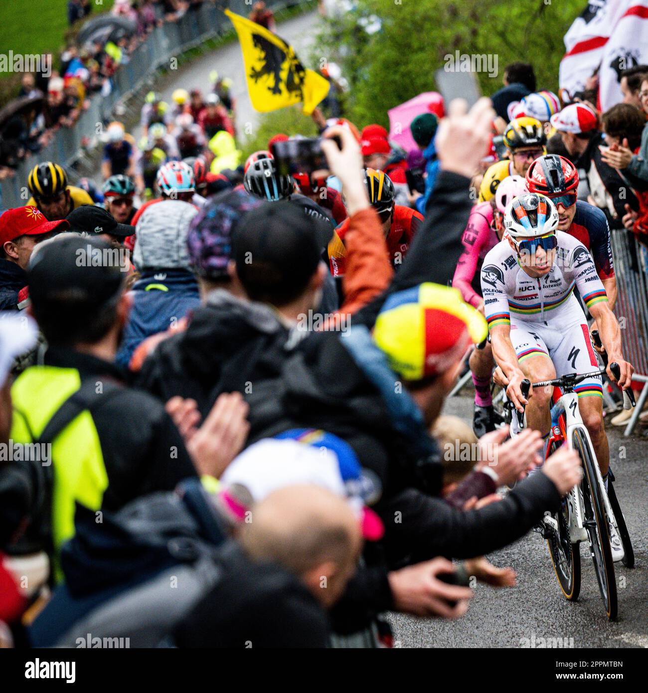 Belgian Remco Evenepoel of Soudal Quick-Step pictured in action during the men elite race of the Liege-Bastogne-Liege one day cycling event, 258,5km from Liege, over Bastogne to Liege, Sunday 23 April 2023. BELGA PHOTO JASPER JACOBS Stock Photo