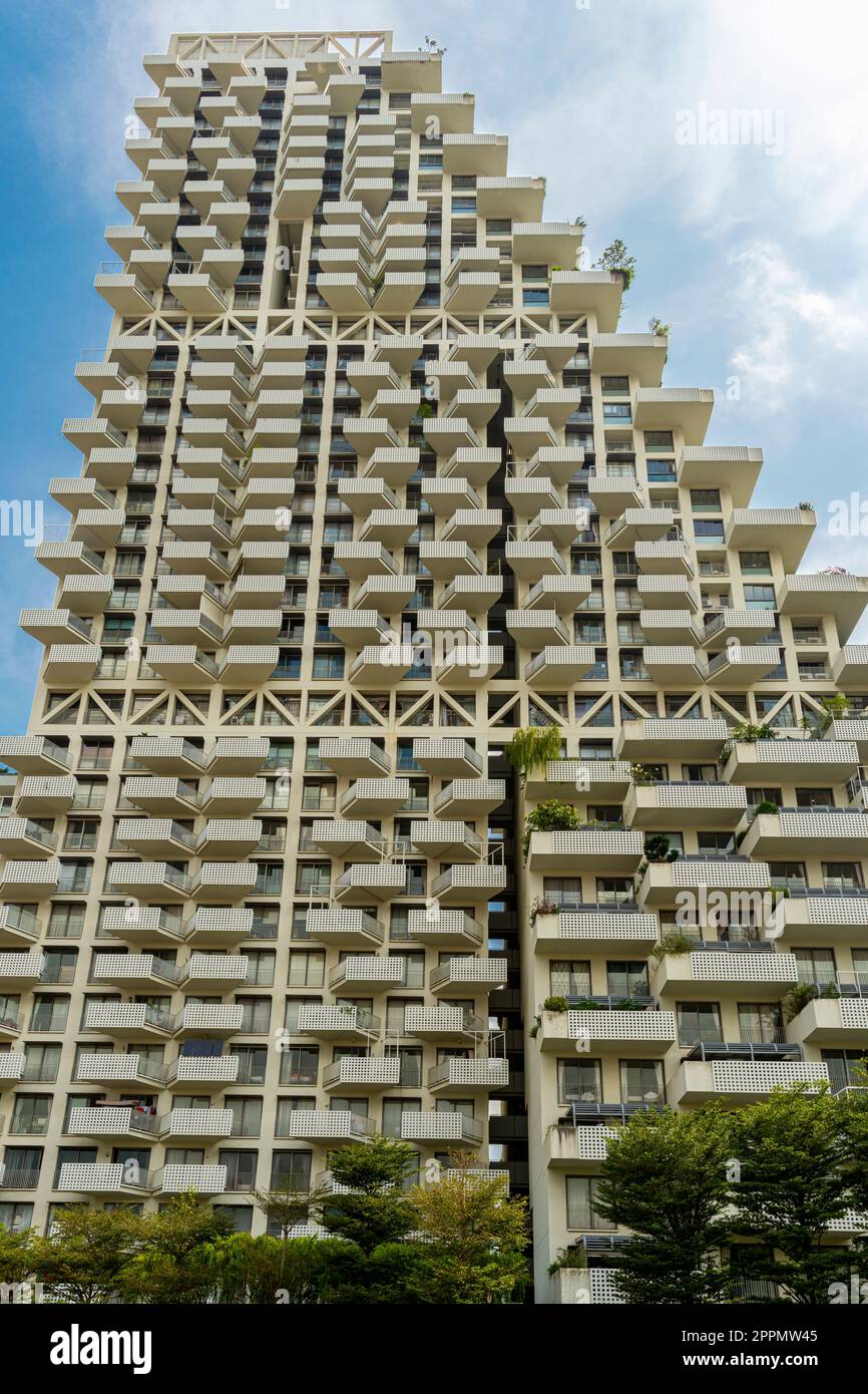 Sky Habitat residential complex, located in Bishan, Singapore.  These  architectural landmark designed by famous architect Moshe Safdie. Stock Photo