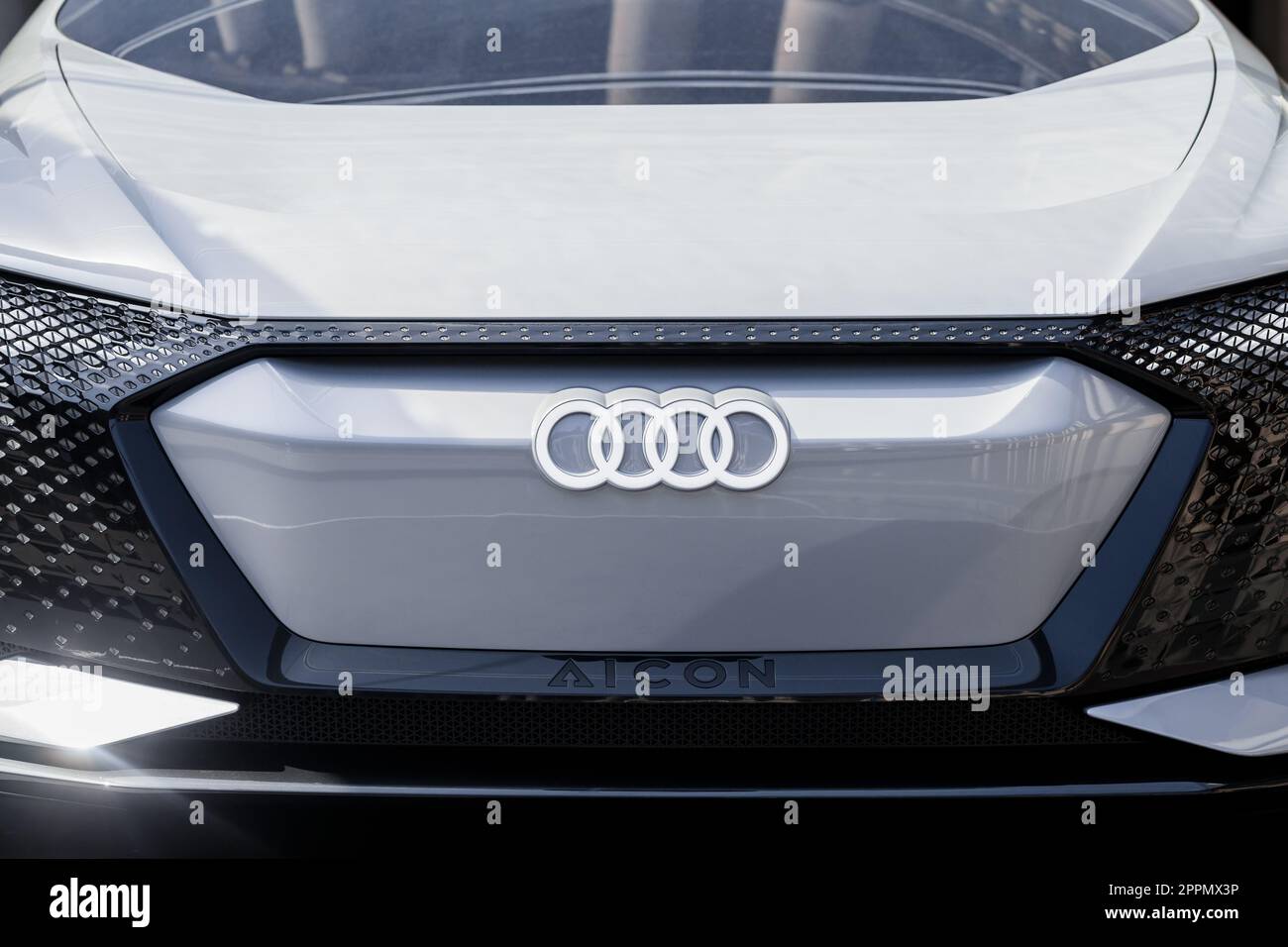 MILAN, ITALY - APRIL 16 2018: Audi city lab. Front view of a white Audi Aicon concept car, self-driving luxury sedan with electric propulsion scheme. Stock Photo