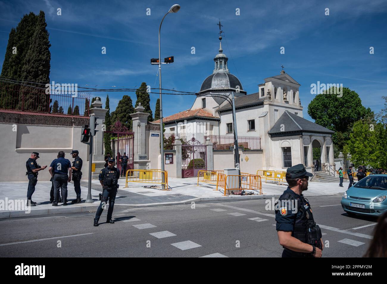 Madrid, Spain. 24th Apr, 2023. View of the entrance of the San Isidro Cemetery the day of the exhumation of the remains of the founder of Falange, Jose Antonio Primo de Rivera. The fascist politician's remains were exhumed from the Valle de los Caidos (known now as Valle de Cuelgamuros) and transferred to the San Isidro cemetery. Credit: Marcos del Mazo/Alamy Live News Stock Photo