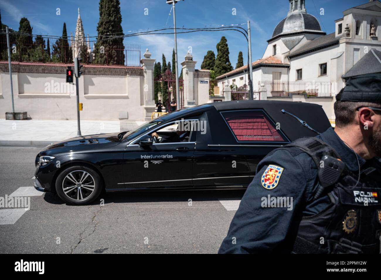 Madrid, Spain. 24th Apr, 2023. The hearse with the remains of the founder of Falange, Jose Antonio Primo de Rivera, arrive to the San Isidro Cemetery. The fascist politician's remains were exhumed today from the Valle de los Caidos (known now as Valle de Cuelgamuros) and transferred to the San Isidro cemetery. Credit: Marcos del Mazo/Alamy Live News Stock Photo