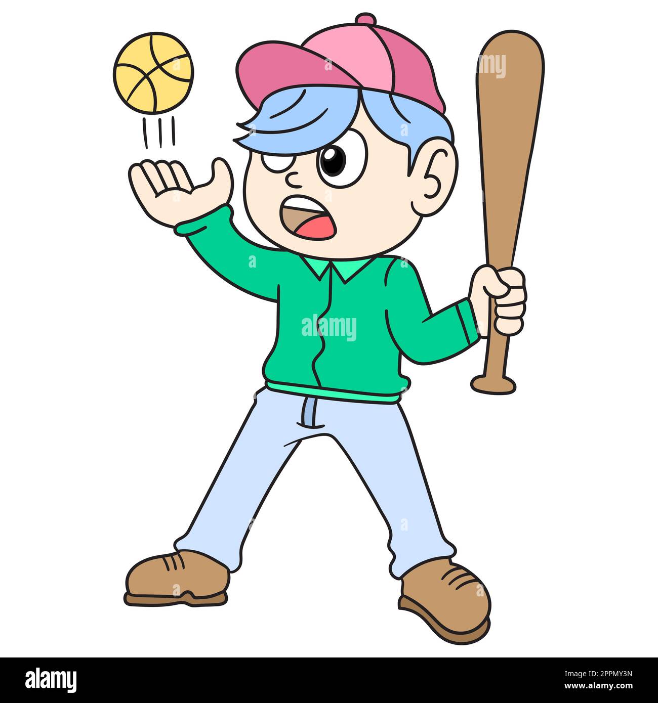 boy carrying bat and ball to play baseball, doodle kawaii. doodle icon