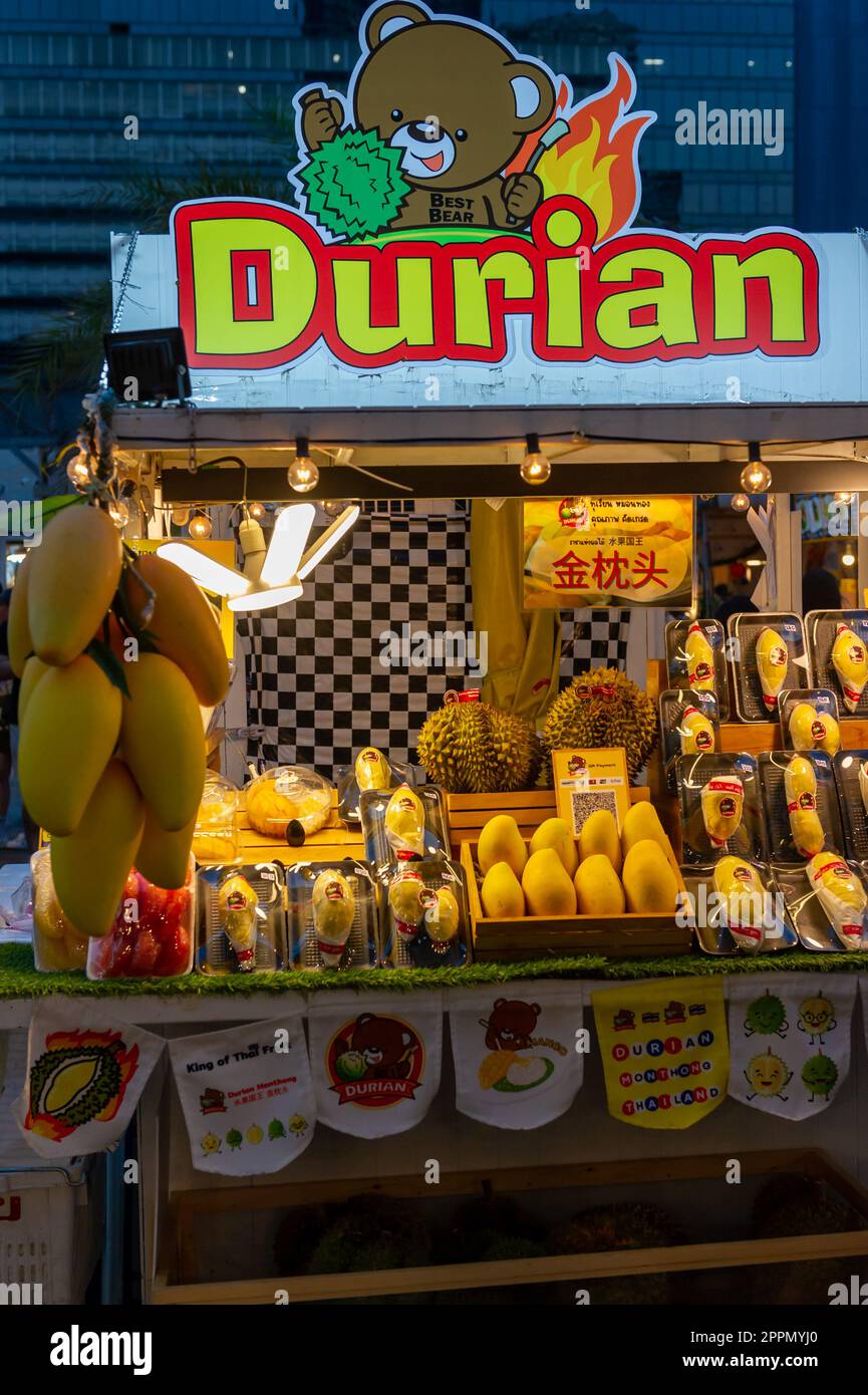 Selling Durian fruit at Jodd Fairs Night Market at Rama iX, Bangkok, Thailand Stock Photo