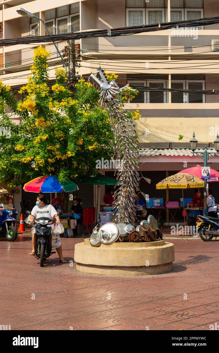 The Thai Bangkok Dragon artwork made with kitchen utensils at Talat Noi