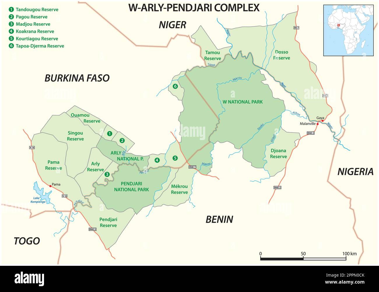 Map of Transboundary Conservation Area W Arly Pendjari, Benin, Niger, Burkina Faso Stock Vector