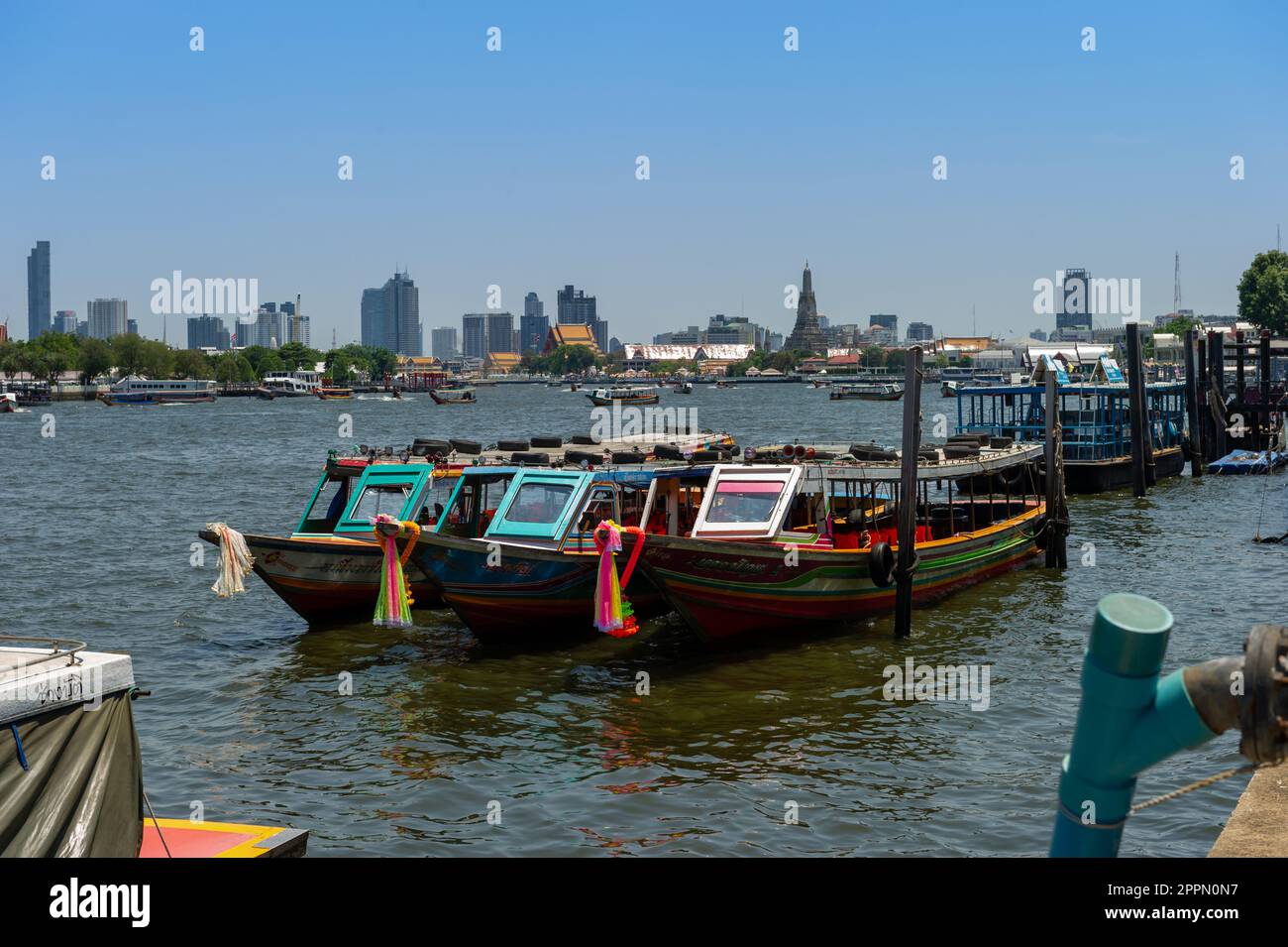 River boats on a busy Chao Phraya River, Bangkok, Thailand Stock Photo ...