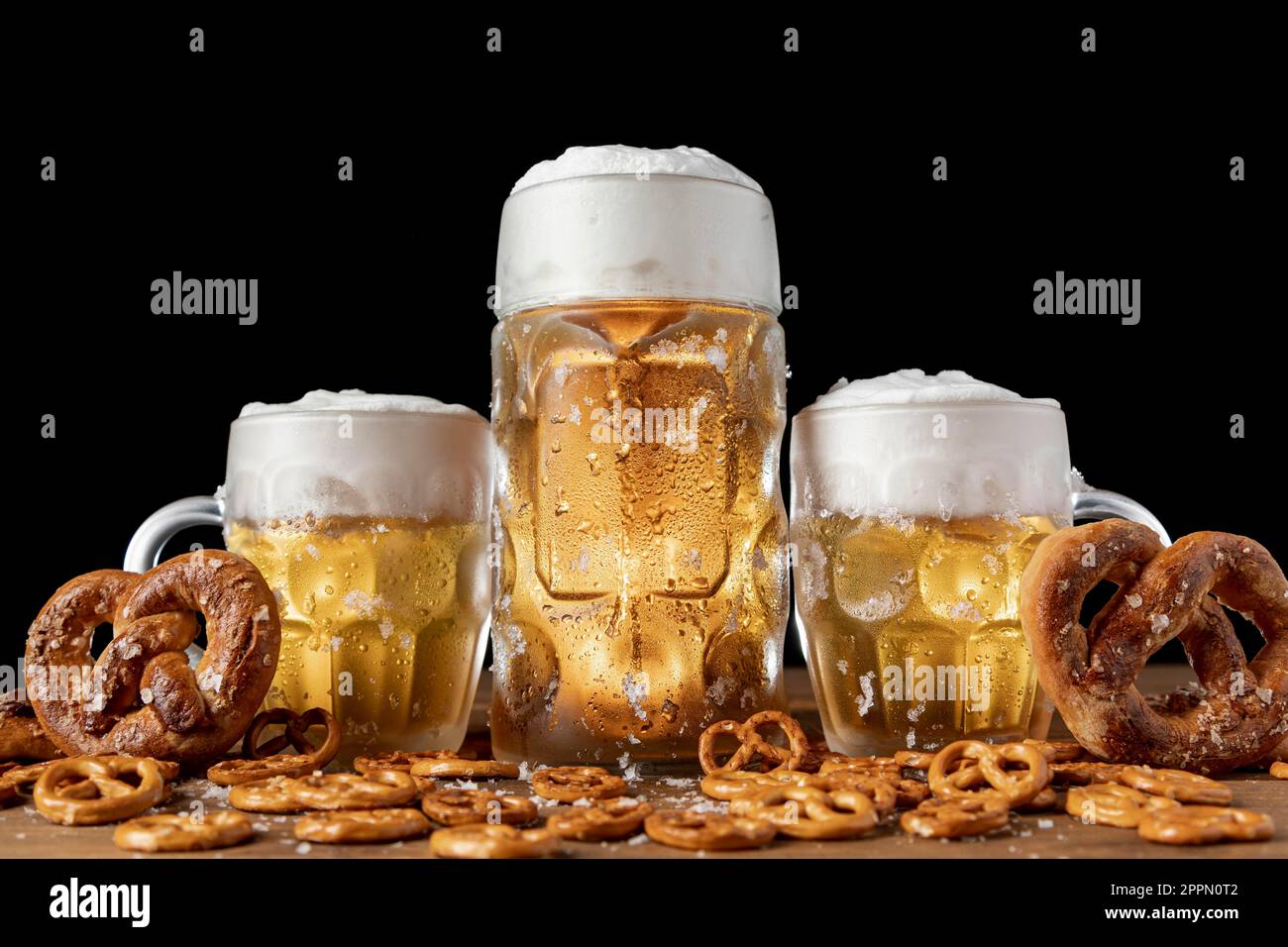 Traditional bavarian beer pretzels table Stock Photo