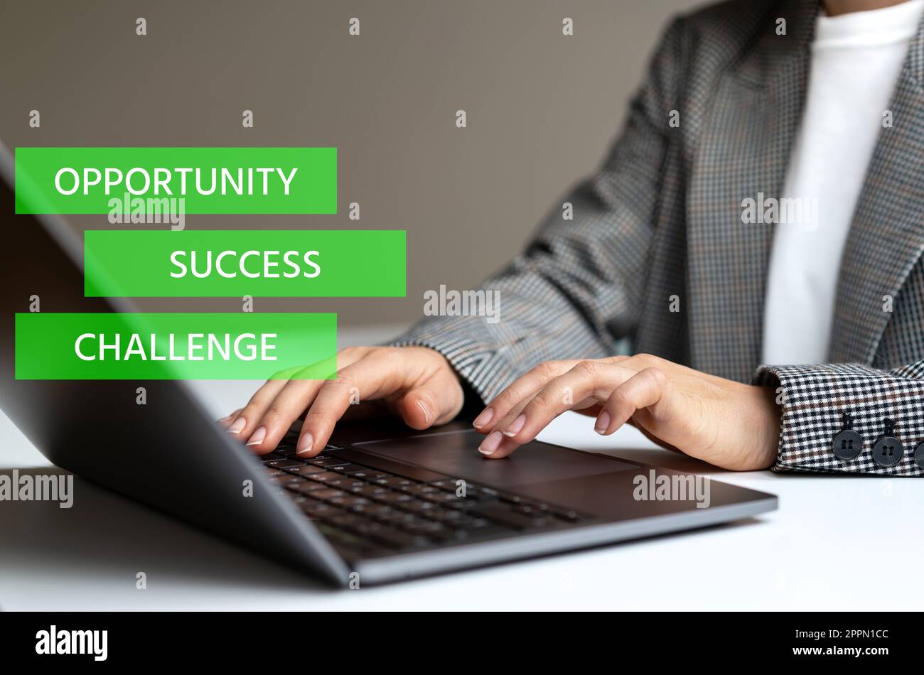 Infographic planning and forecasting business goals: Success, Opportunity, Challenge, on background female entrepreneur using laptop. Stock Photo