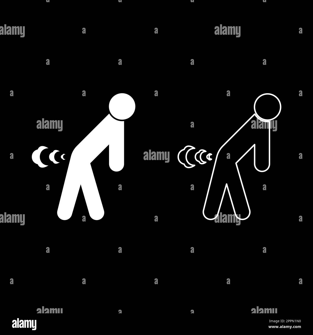 Man farts break wind farting bloating gas cloud stench bad smell flatulency set icon white color