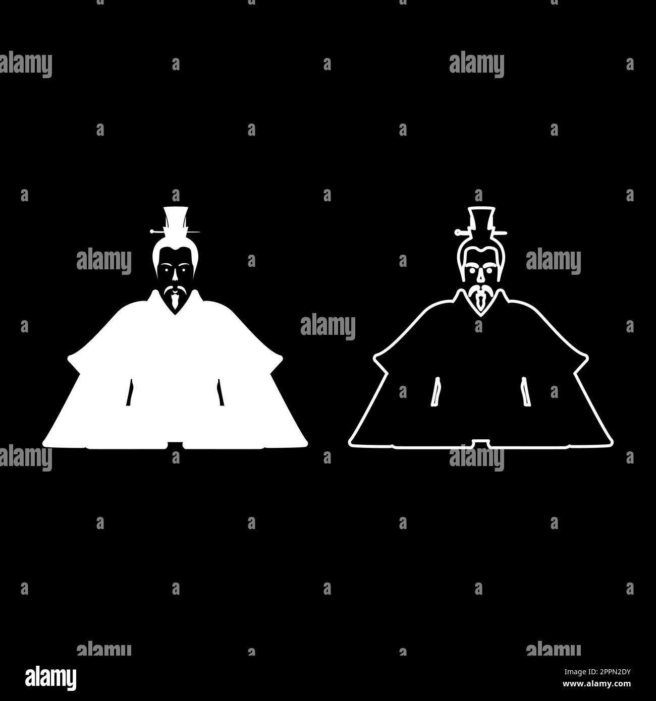 Emperor Japan China silhouette Chinese nobility Japanese ancient character avatar imperial ruler set icon white color vector illustration image solid fill outline contour line thin flat style Stock Vector