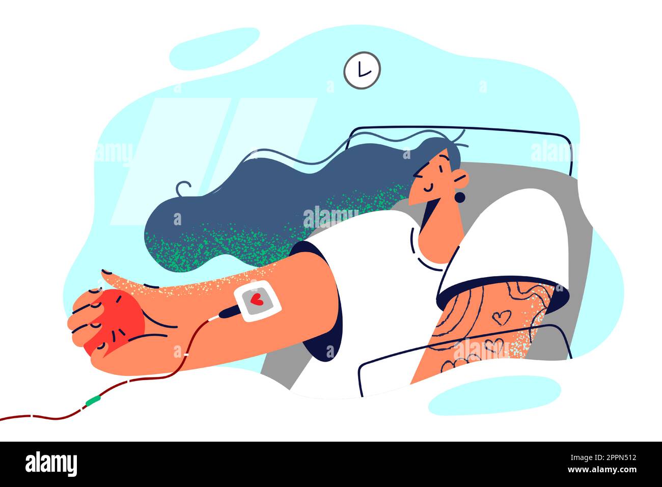 Woman donor lies on bed in clinic with catheter connected to arm