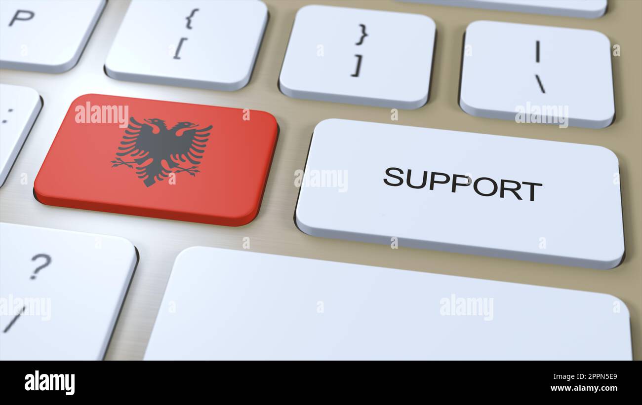 Albania Support Concept. Button Push 3D Illustration. Support of Country or Government with National Flag. Stock Photo