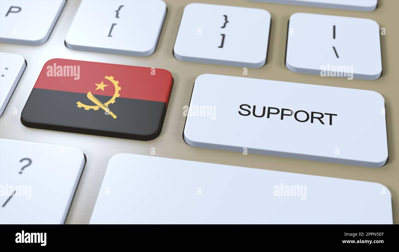 Angola Support Concept. Button Push 3D Illustration. Support of Country or Government with National Flag. Stock Photo
