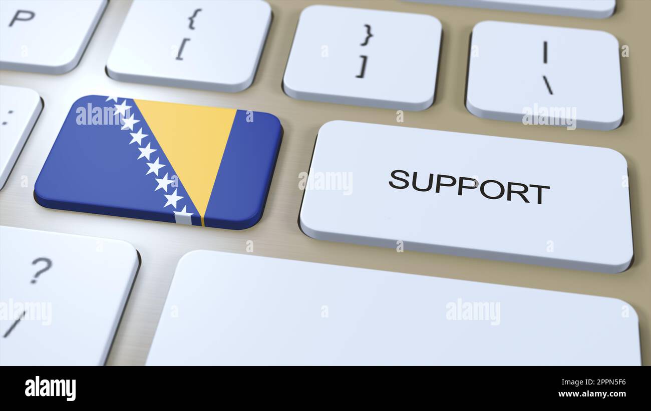 Bosnia and Herzegovina Support Concept. Button Push 3D Illustration. Support of Country or Government with National Flag. Stock Photo