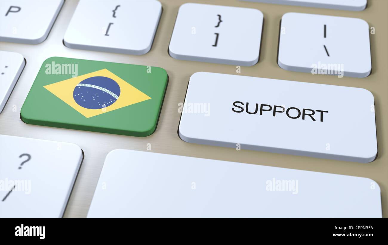 Brazil Support Concept. Button Push 3D Illustration. Support of Country or Government with National Flag. Stock Photo