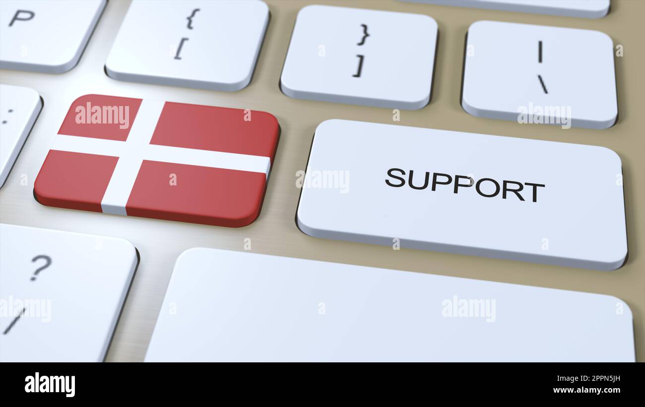 Denmark Support Concept. Button Push 3D Illustration. Support of Country or Government with National Flag. Stock Photo