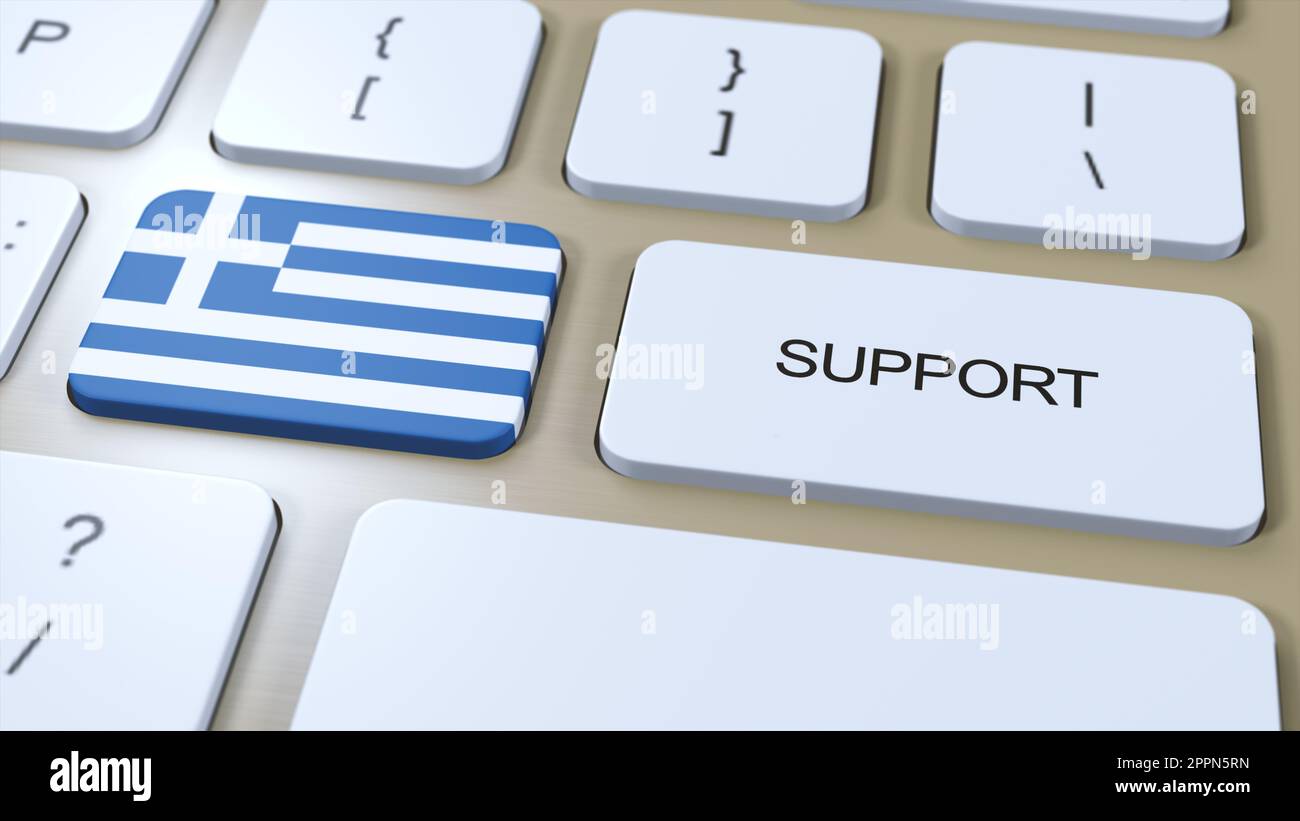 Greece Support Concept. Button Push 3D Illustration. Support of Country or Government with National Flag. Stock Photo