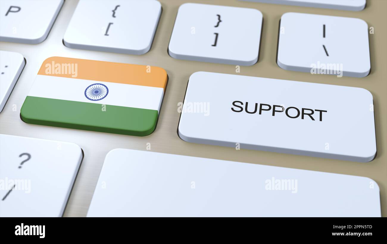 India Support Concept. Button Push 3D Illustration. Support of Country or Government with National Flag. Stock Photo