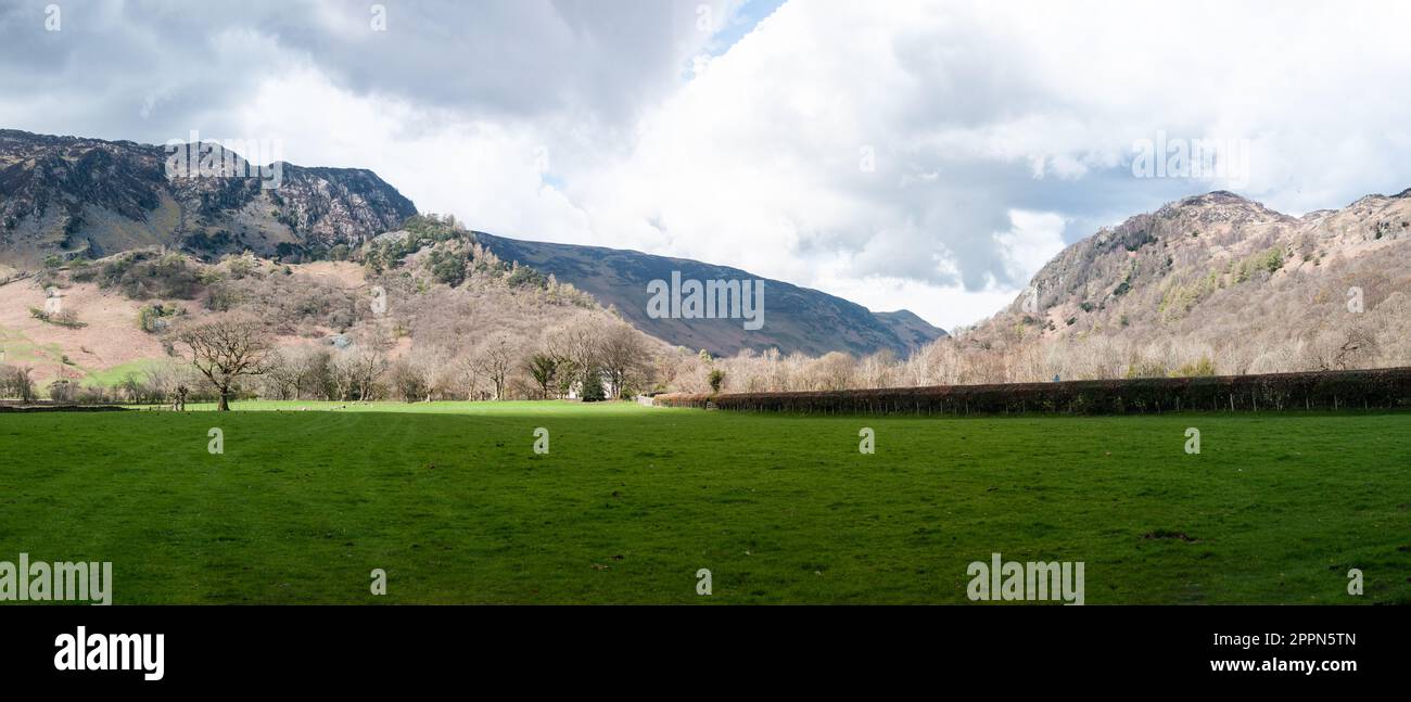 Around the UK - Panoramic view of Castle Cragg, in the Borrowdale Valley, Lake District, UK Stock Photo