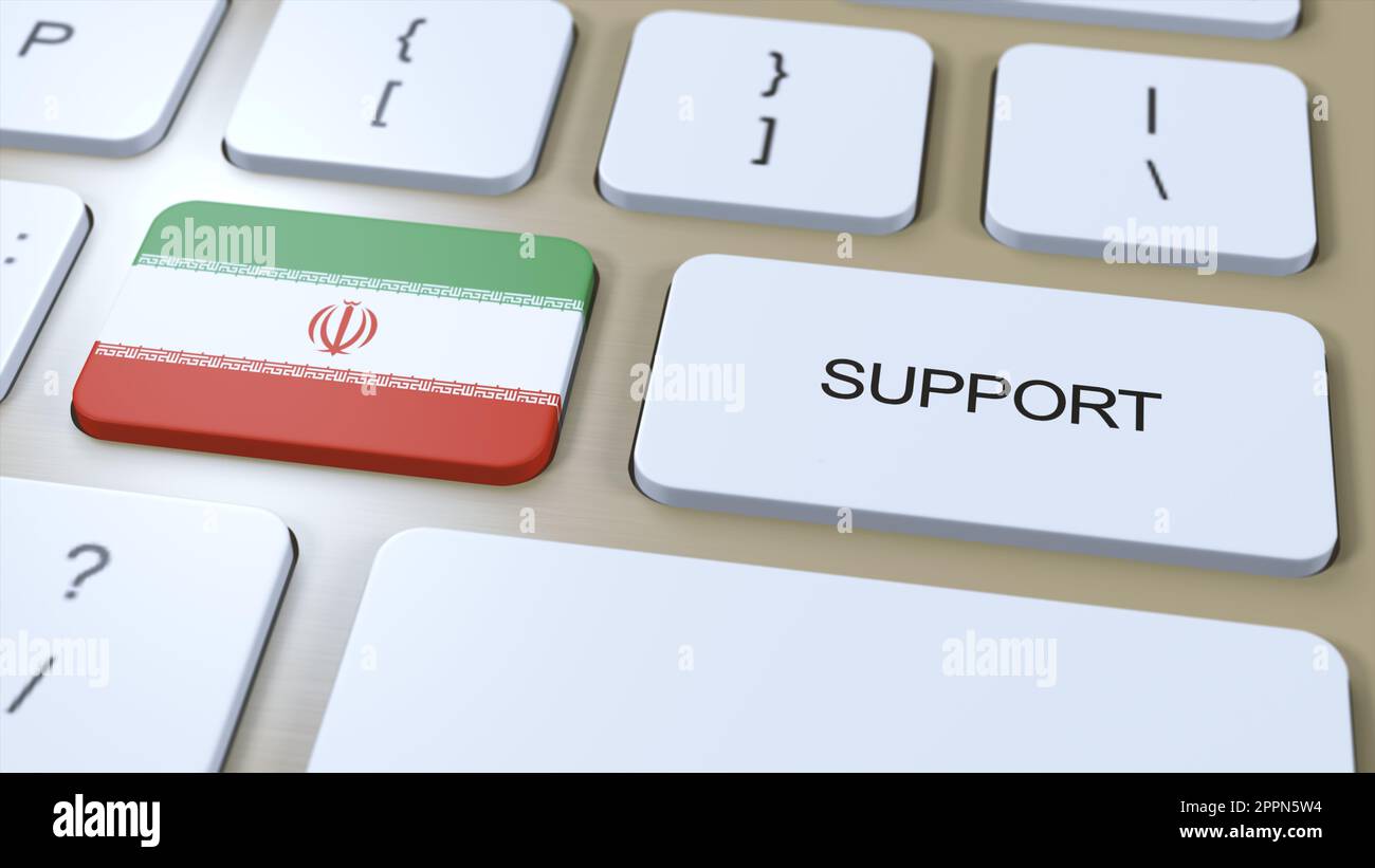 Iran Support Concept. Button Push 3D Illustration. Support of Country or Government with National Flag. Stock Photo
