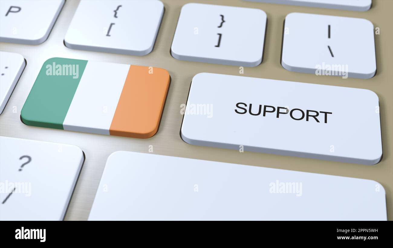 Ireland Support Concept. Button Push 3D Illustration. Support of Country or Government with National Flag. Stock Photo