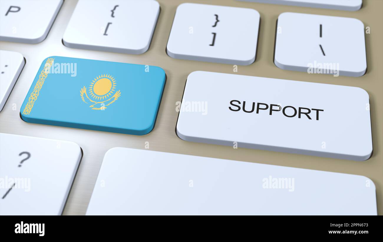Kazakhstan Support Concept. Button Push 3D Illustration. Support of Country or Government with National Flag. Stock Photo