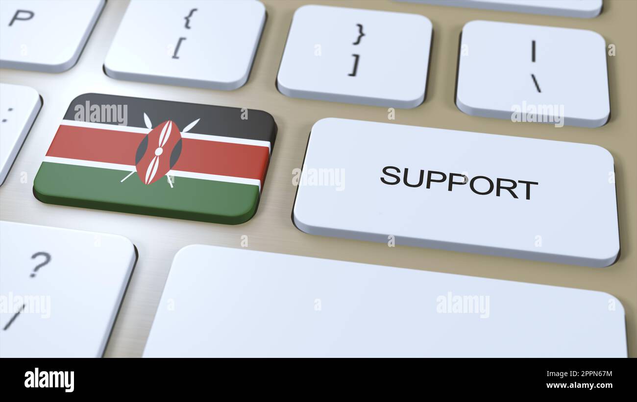 Kenya Support Concept. Button Push 3D Illustration. Support of Country or Government with National Flag. Stock Photo