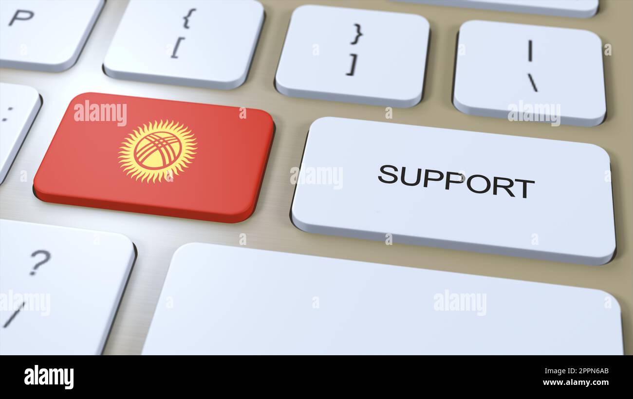 Kyrgyzstan Support Concept. Button Push 3D Illustration. Support of Country or Government with National Flag. Stock Photo