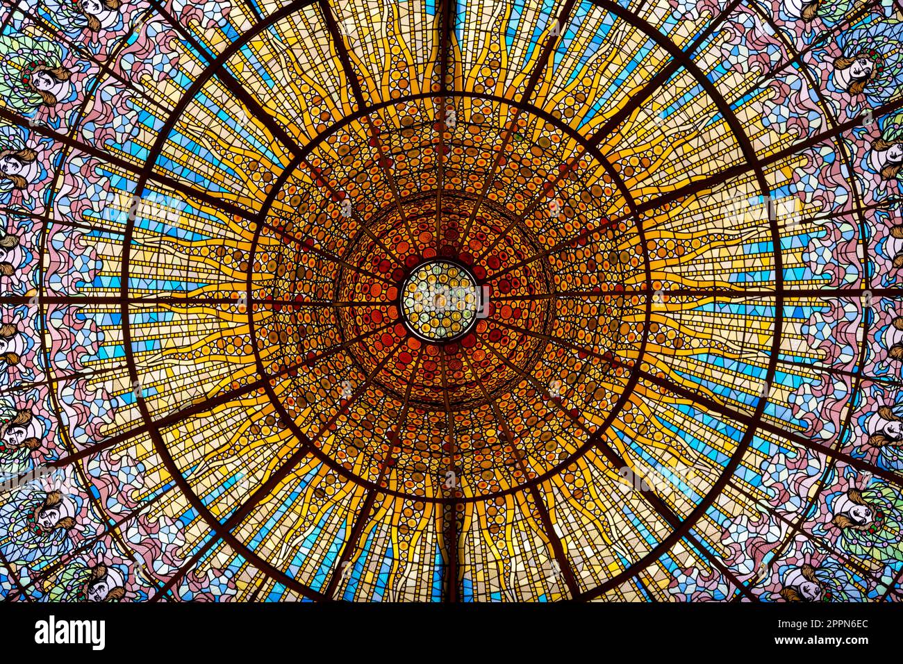 Artistic stained glass windows, interior shot, Palau de la Musica Catalana concert hall, Modernisme Catala, Barcelona, Catalonia, Spain Stock Photo