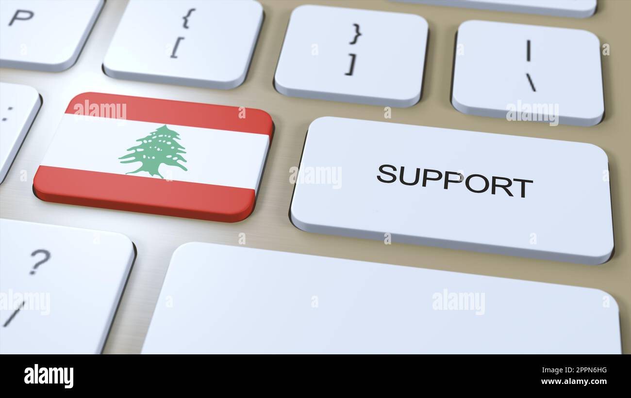 Lebanon Support Concept. Button Push 3D Illustration. Support of Country or Government with National Flag. Stock Photo