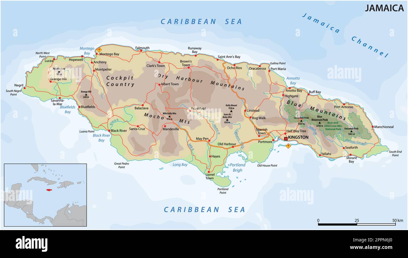 Vector road map of the Caribbean island nation of Jamaica Stock Vector
