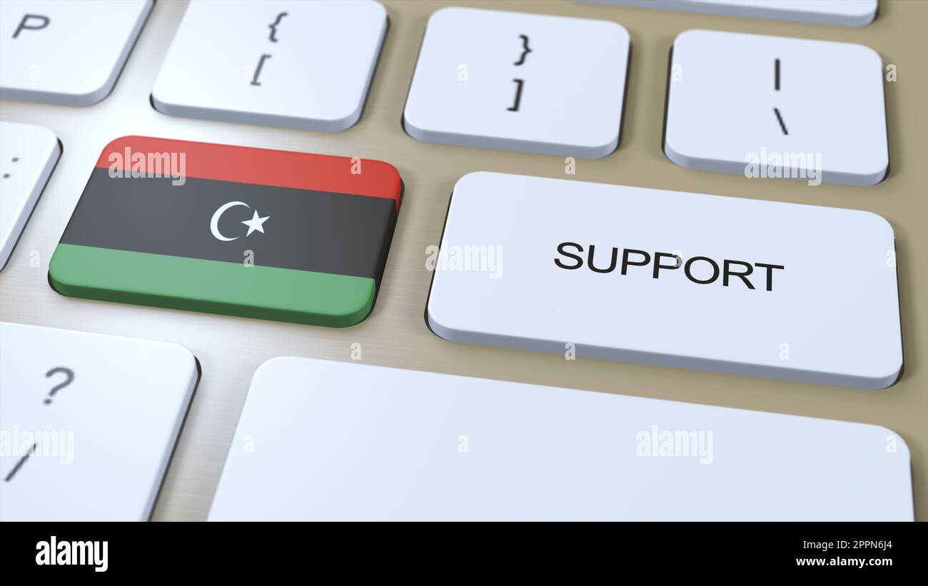 Libya Support Concept. Button Push 3D Illustration. Support of Country or Government with National Flag. Stock Photo
